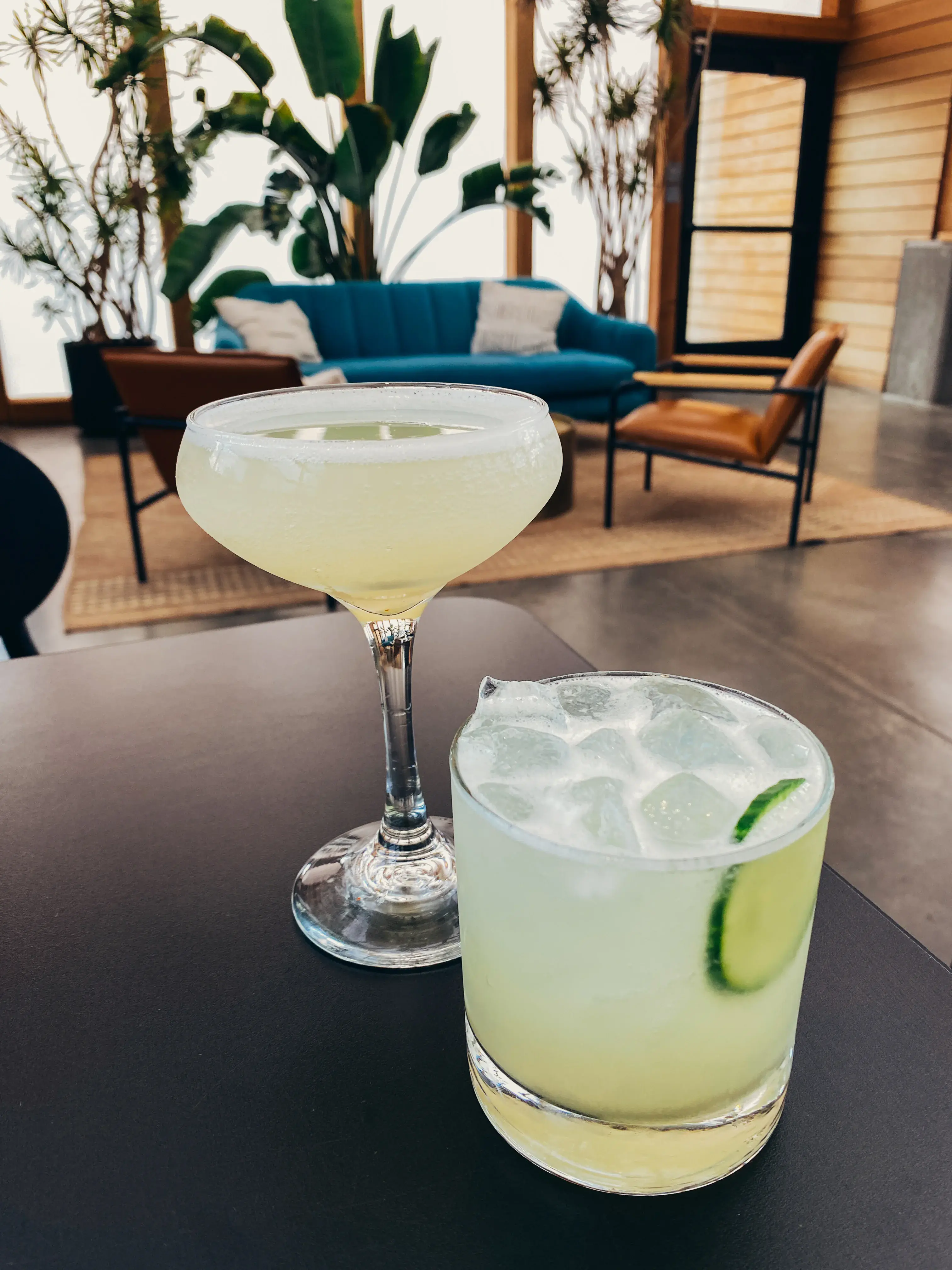 Two cocktails on a table in a lounge area with a couch and plants.